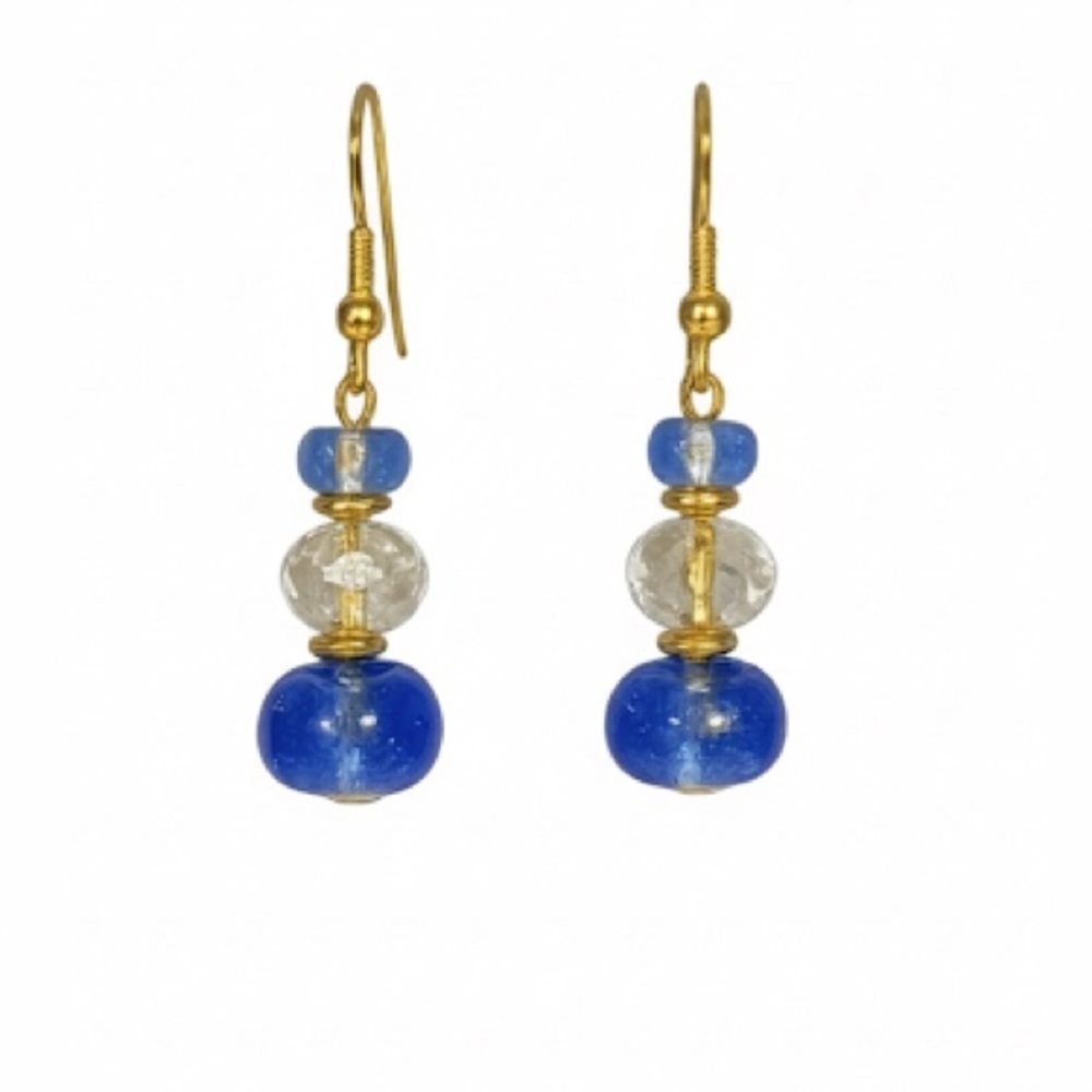 Cobalt Blue & Clear Glass Beaded Drop Earrings, Gold Tone